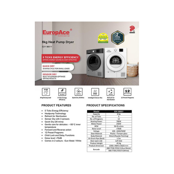 EUROPACE HEAT PUMP DRYER EDY8801Y WHITE