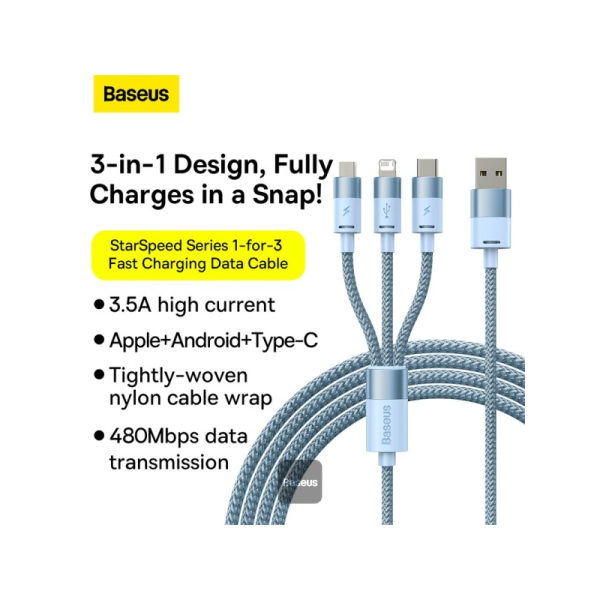 BASEUS CABLES STARSPEED 1IN3 1.2M CABLE BLUE