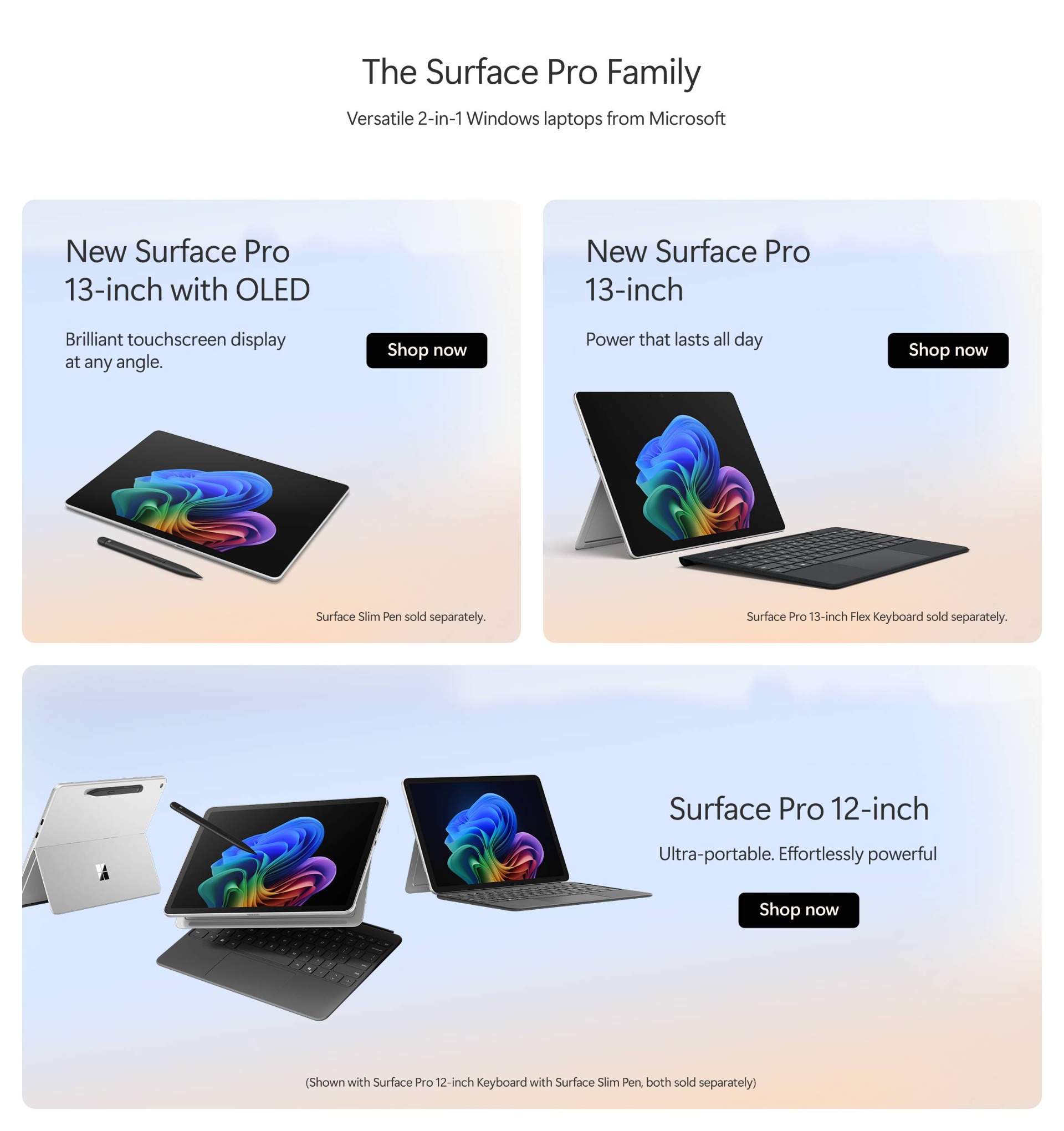 The Surface Pro Family - New Surface Pro 13-inch with OLED, New Surface Pro 13-inch, and Surface Pro 12-inch.
