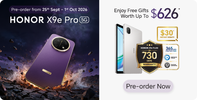 HONOR X9e Pro 5G pre-order, 25 September to 1 October 2026. RRP from $529. Free gifts worth up to $626: HONOR Pad X7, $30 instant rebate, 730 days warranty, 365 days liquid damage protection and front and back crack protection.